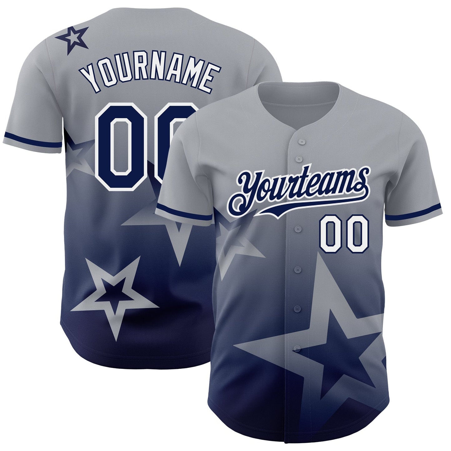 Custom Gray Navy-White 3D Pattern Design Gradient Style Twinkle Star Authentic Baseball Jersey baseball jersey product view 1