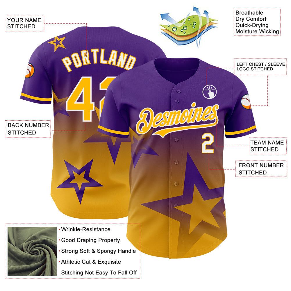 Custom Purple Gold-White 3D Pattern Design Gradient Style Twinkle Star Authentic Baseball Jersey baseball jersey product view 3