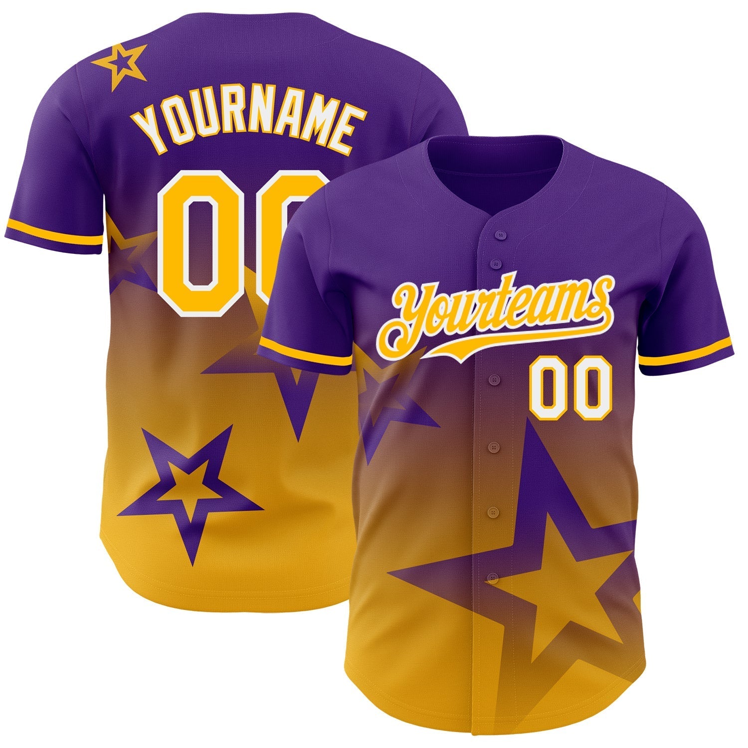 Custom Purple Gold-White 3D Pattern Design Gradient Style Twinkle Star Authentic Baseball Jersey baseball jersey product view 1