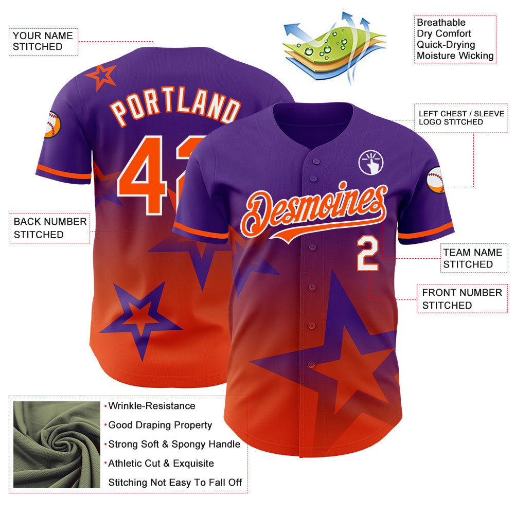 Custom Purple Orange-White 3D Pattern Design Gradient Style Twinkle Star Authentic Baseball Jersey baseball jersey product view 3