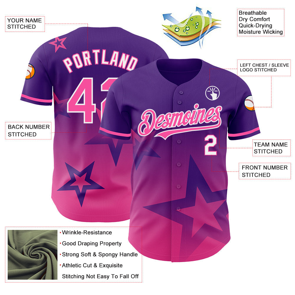 Custom Purple Pink-White 3D Pattern Design Gradient Style Twinkle Star Authentic Baseball Jersey baseball jersey product view 3