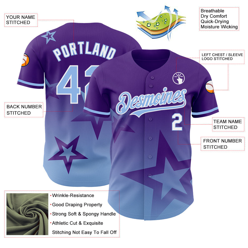 Custom Purple Light Blue-White 3D Pattern Design Gradient Style Twinkle Star Authentic Baseball Jersey baseball jersey product view 3
