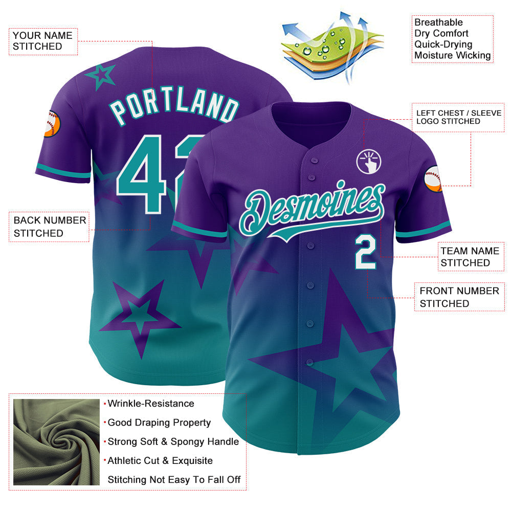 Custom Purple Teal-White 3D Pattern Design Gradient Style Twinkle Star Authentic Baseball Jersey baseball jersey product view 3