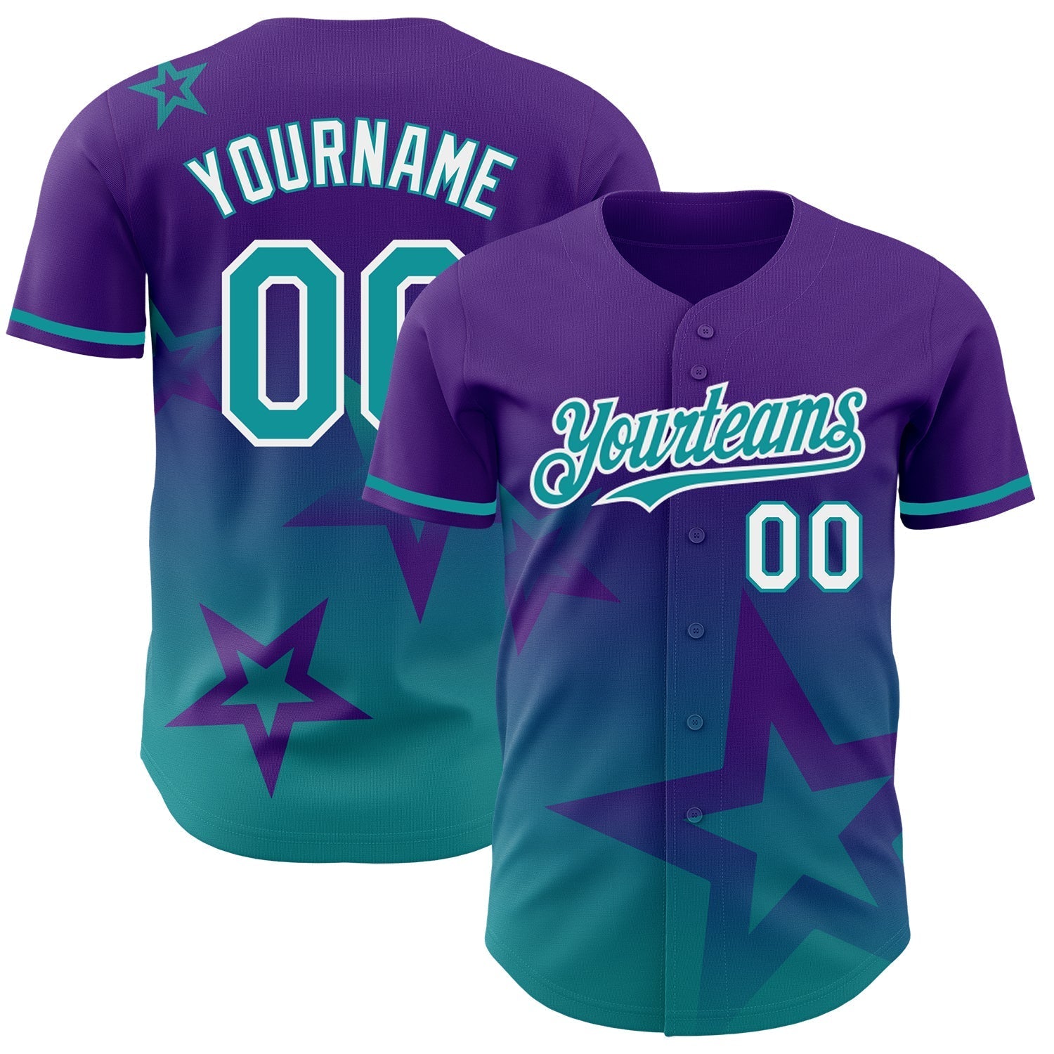 Custom Purple Teal-White 3D Pattern Design Gradient Style Twinkle Star Authentic Baseball Jersey baseball jersey product view 1