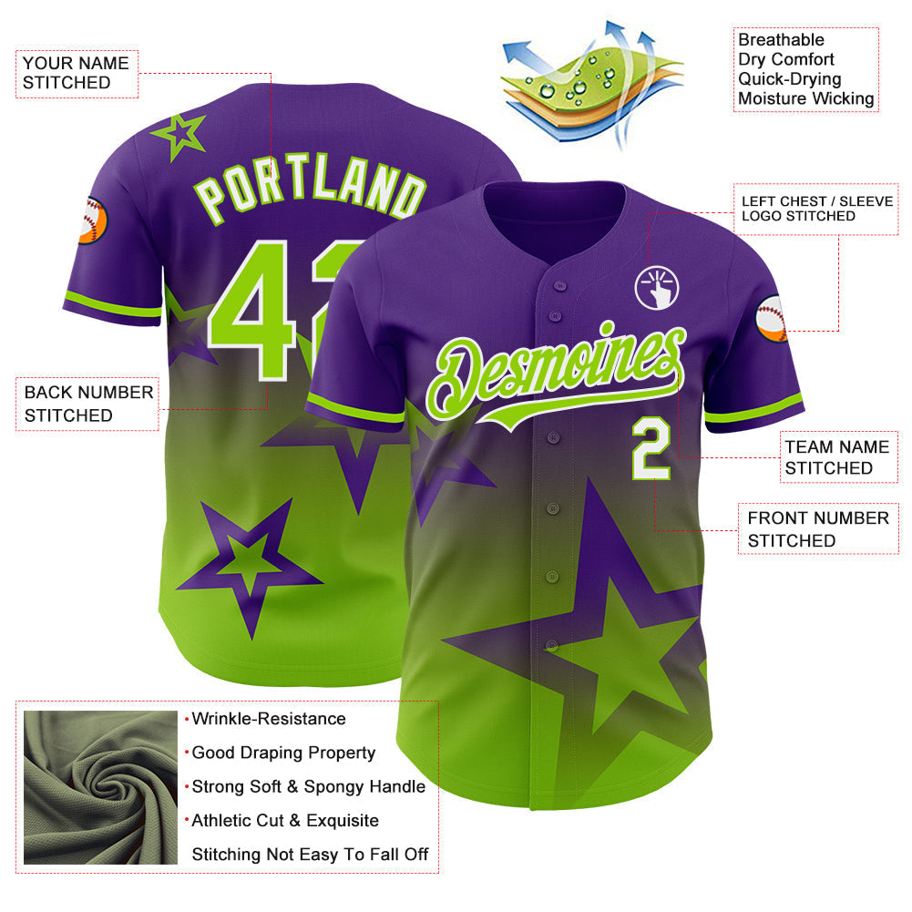 Custom Purple Neon Green-White 3D Pattern Design Gradient Style Twinkle Star Authentic Baseball Jersey baseball jersey product view 3