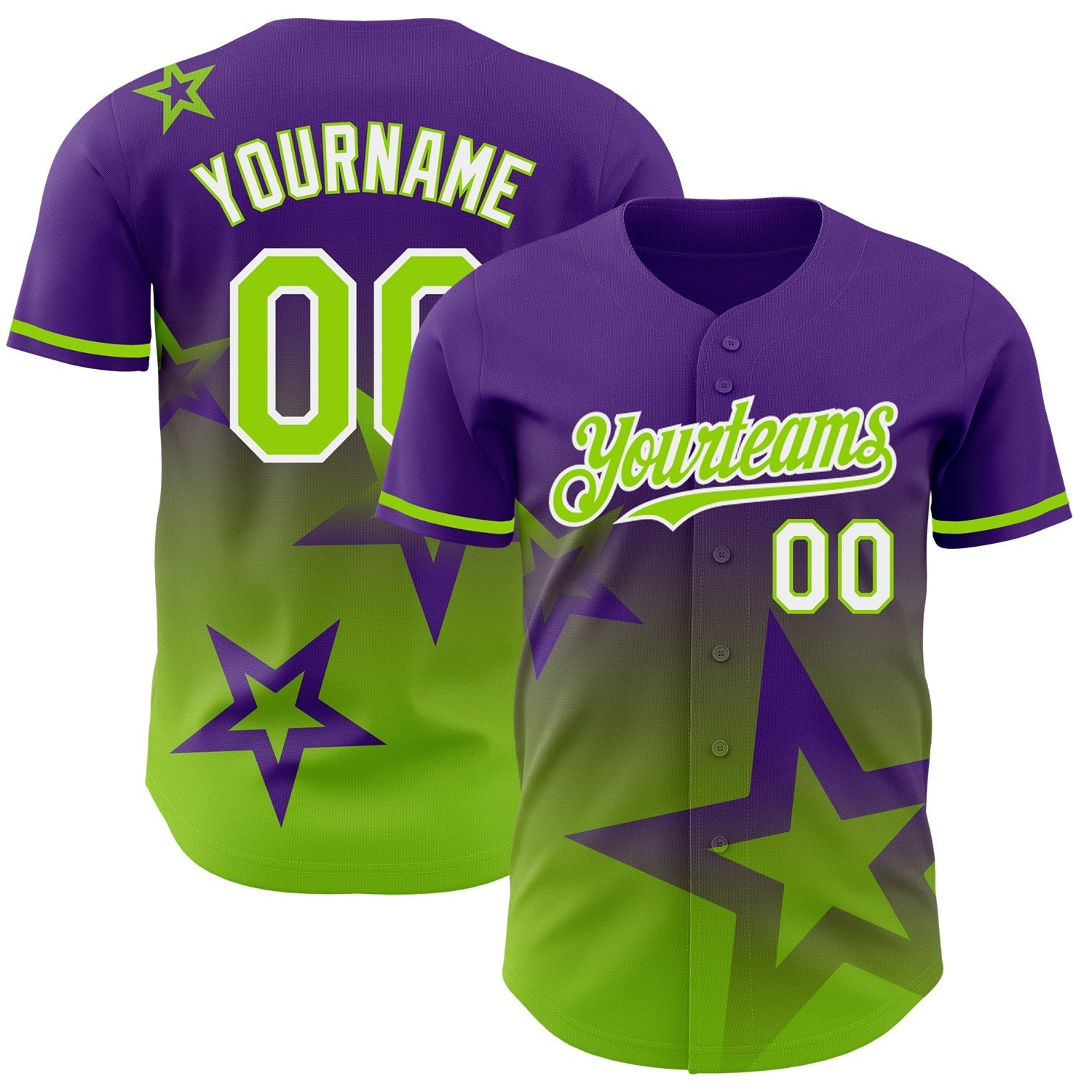Custom Purple Neon Green-White 3D Pattern Design Gradient Style Twinkle Star Authentic Baseball Jersey baseball jersey product view 1