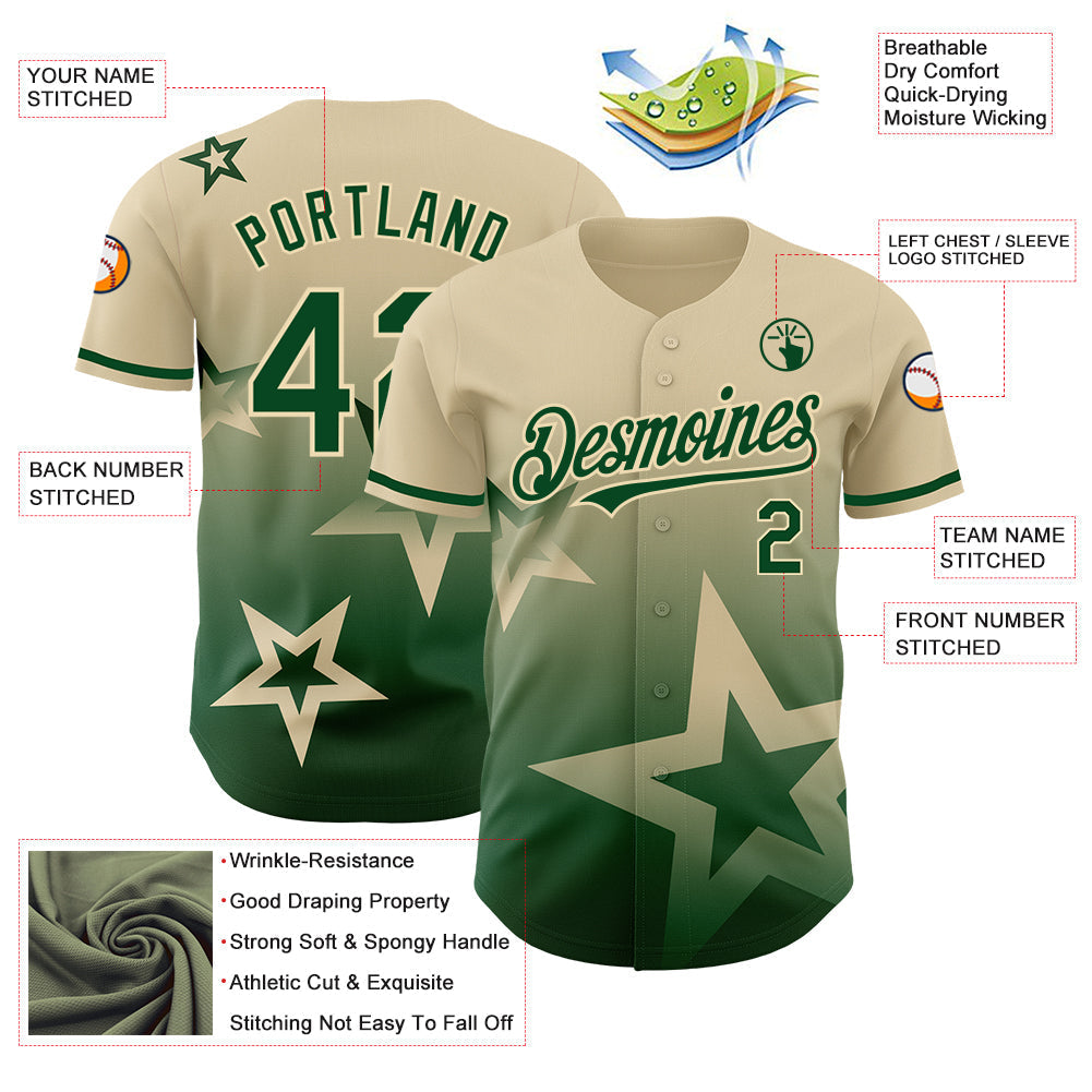 Custom Cream Green 3D Pattern Design Gradient Style Twinkle Star Authentic Baseball Jersey baseball jersey product view 4