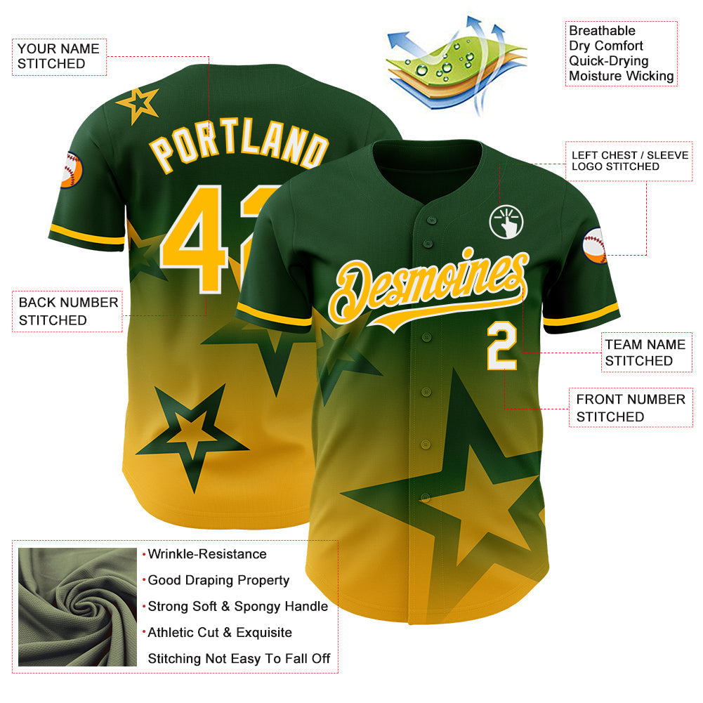 Custom Green Gold-White 3D Pattern Design Gradient Style Twinkle Star Authentic Baseball Jersey baseball jersey product view 3