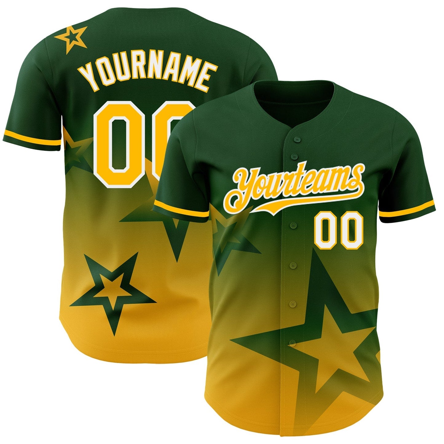 Custom Green Gold-White 3D Pattern Design Gradient Style Twinkle Star Authentic Baseball Jersey baseball jersey product view 1