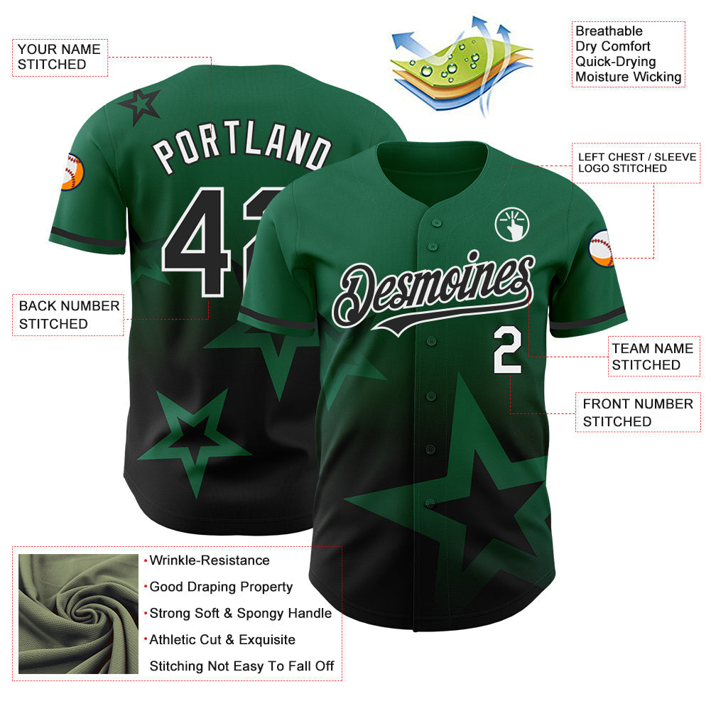 Custom Kelly Green Black-White 3D Pattern Design Gradient Style Twinkle Star Authentic Baseball Jersey baseball jersey product view 3