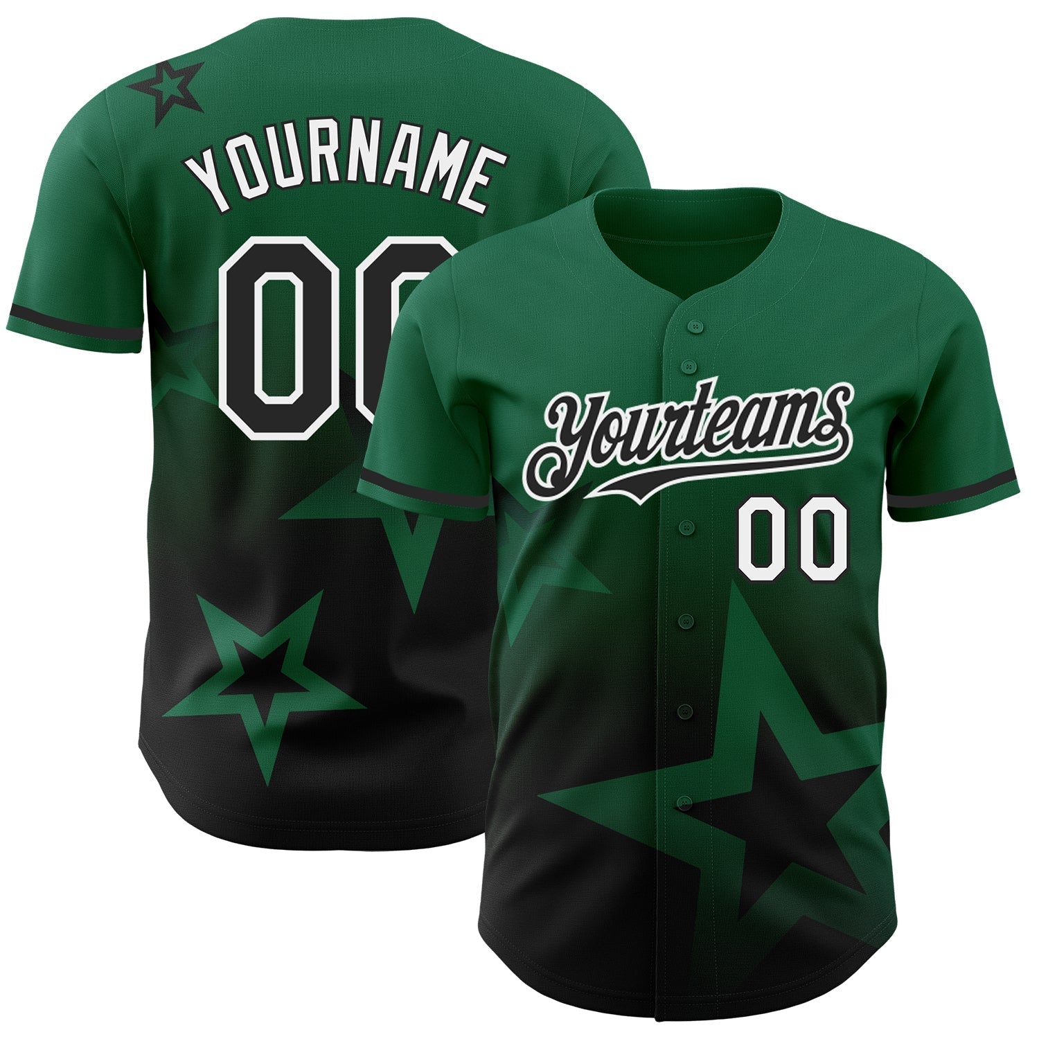 Custom Kelly Green Black-White 3D Pattern Design Gradient Style Twinkle Star Authentic Baseball Jersey baseball jersey product view 1