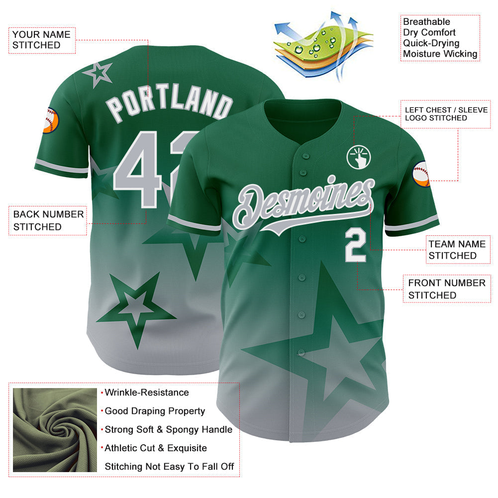 Custom Kelly Green Gray-White 3D Pattern Design Gradient Style Twinkle Star Authentic Baseball Jersey baseball jersey product view 3