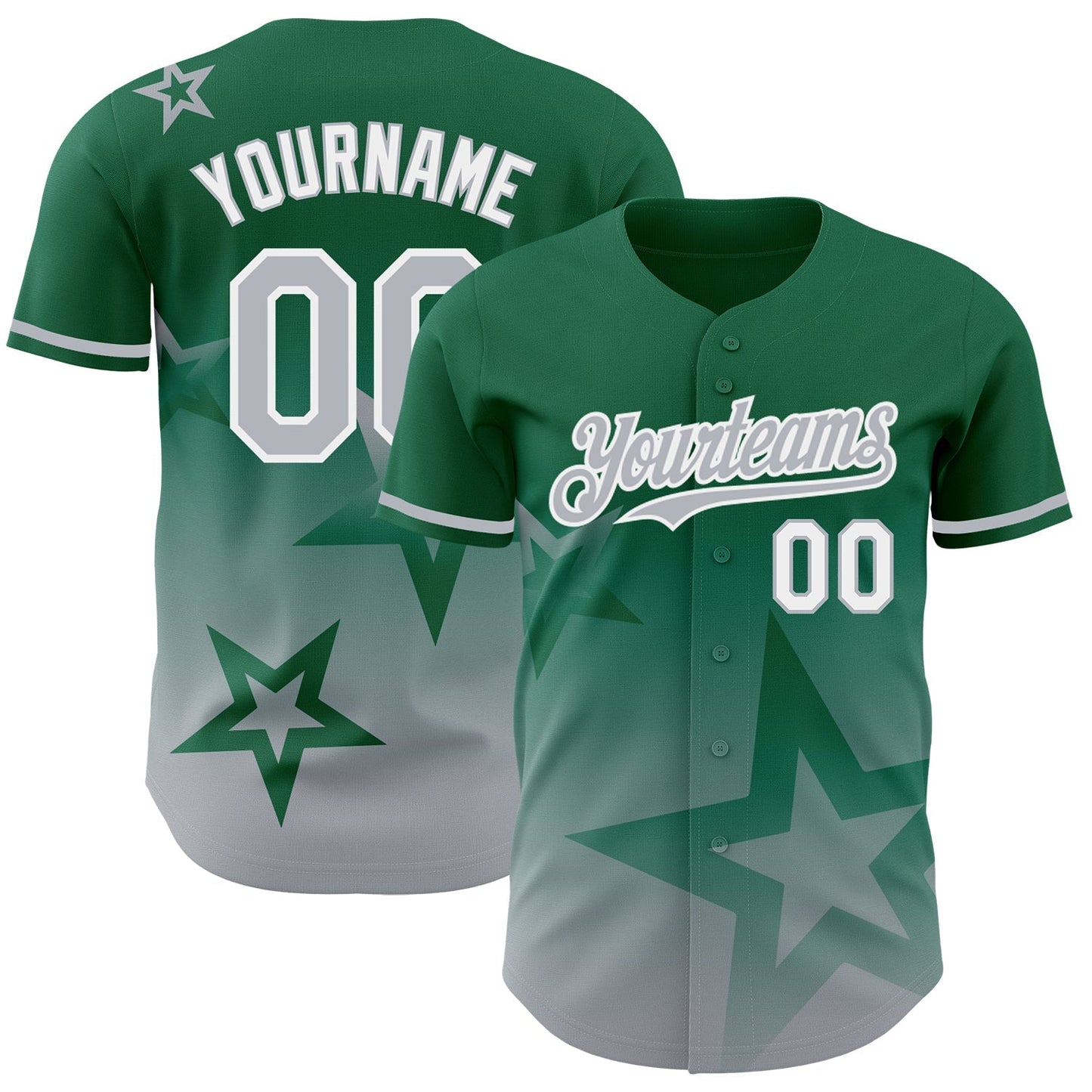 Custom Kelly Green Gray-White 3D Pattern Design Gradient Style Twinkle Star Authentic Baseball Jersey baseball jersey product view 1