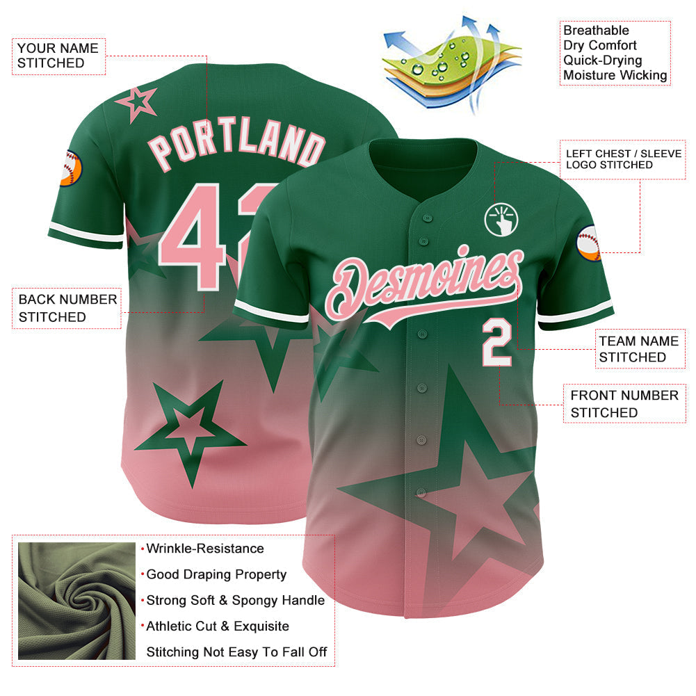 Custom Kelly Green Medium Pink-White 3D Pattern Design Gradient Style Twinkle Star Authentic Baseball Jersey baseball jersey product view 3