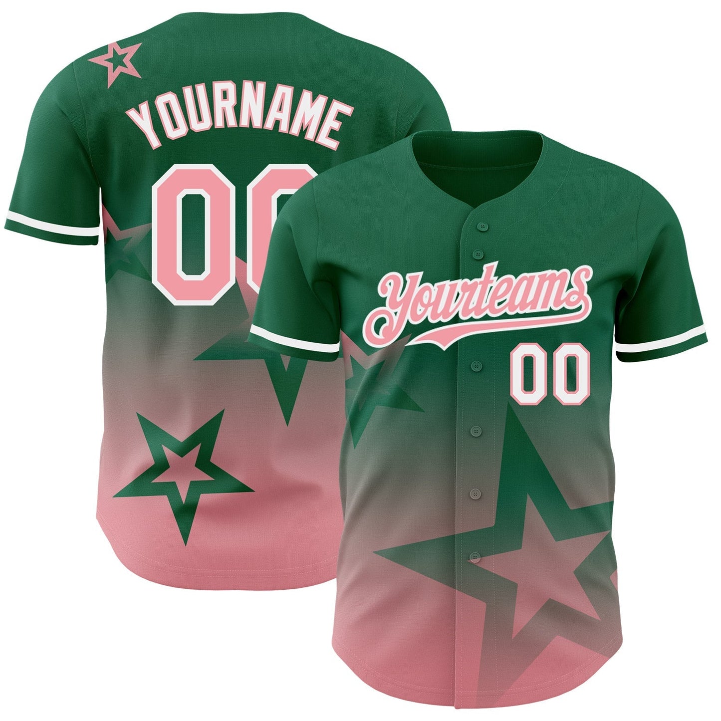 Custom Kelly Green Medium Pink-White 3D Pattern Design Gradient Style Twinkle Star Authentic Baseball Jersey baseball jersey product view 1