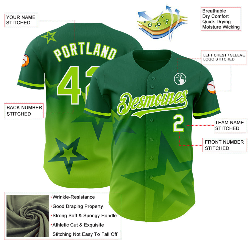 Custom Kelly Green Neon Green-White 3D Pattern Design Gradient Style Twinkle Star Authentic Baseball Jersey baseball jersey product view 3