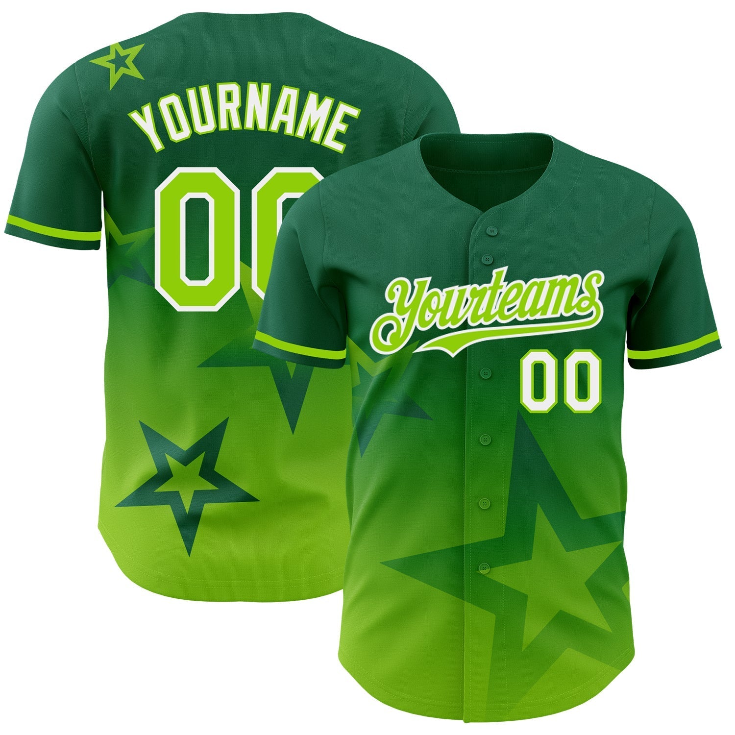 Custom Kelly Green Neon Green-White 3D Pattern Design Gradient Style Twinkle Star Authentic Baseball Jersey baseball jersey product view 1