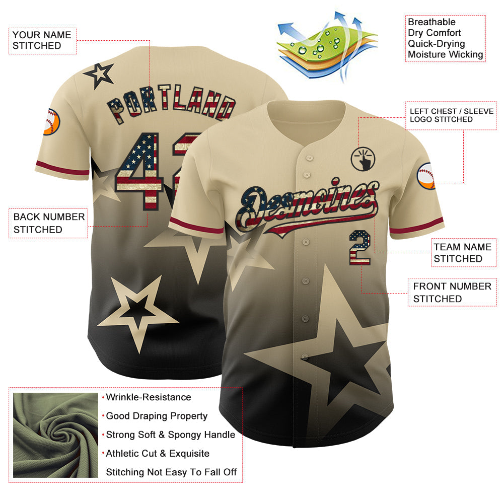 Custom Cream Vintage USA Flag-Black 3D Pattern Design Gradient Style Twinkle Star Authentic Baseball Jersey baseball jersey product view 4