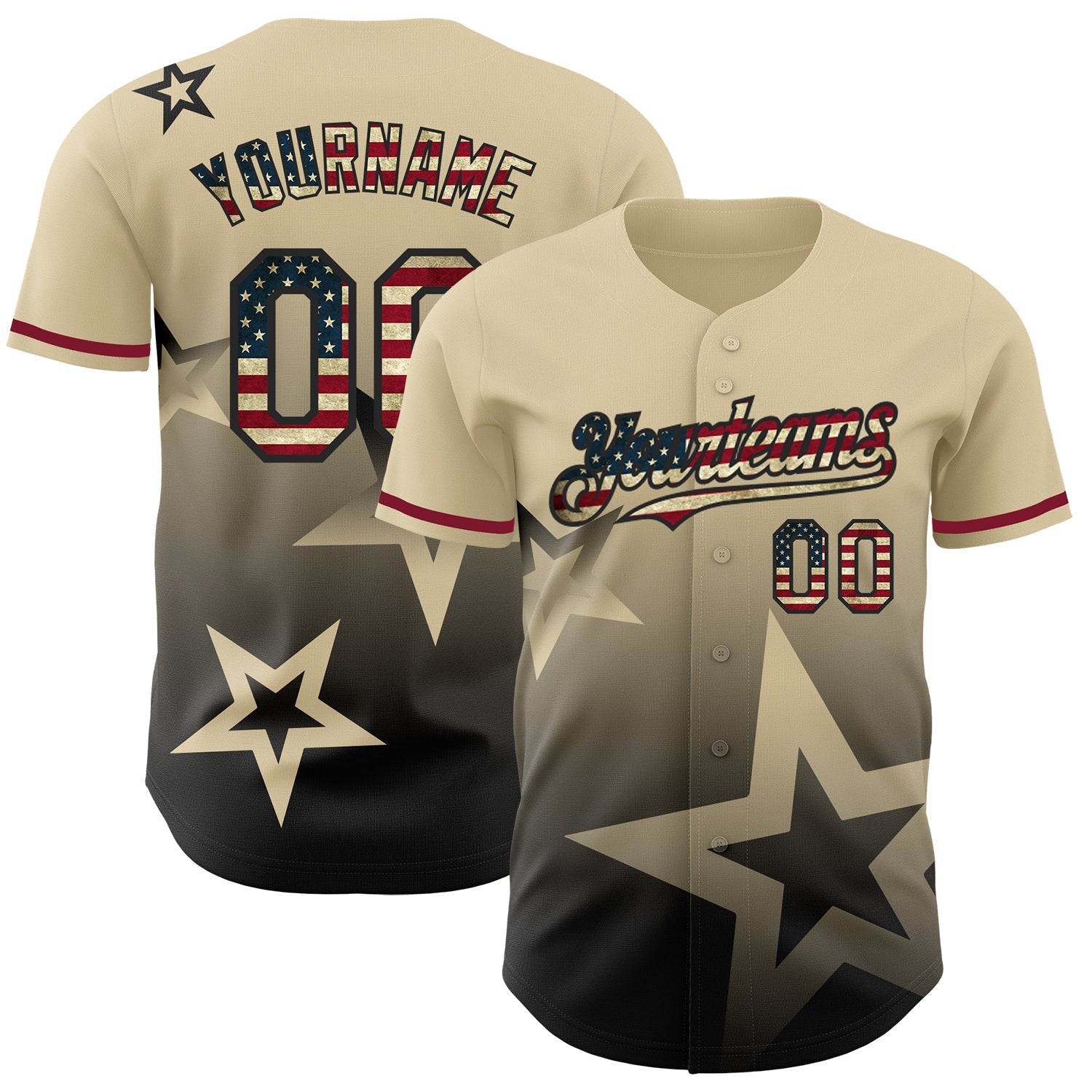 Custom Cream Vintage USA Flag-Black 3D Pattern Design Gradient Style Twinkle Star Authentic Baseball Jersey baseball jersey product view 1