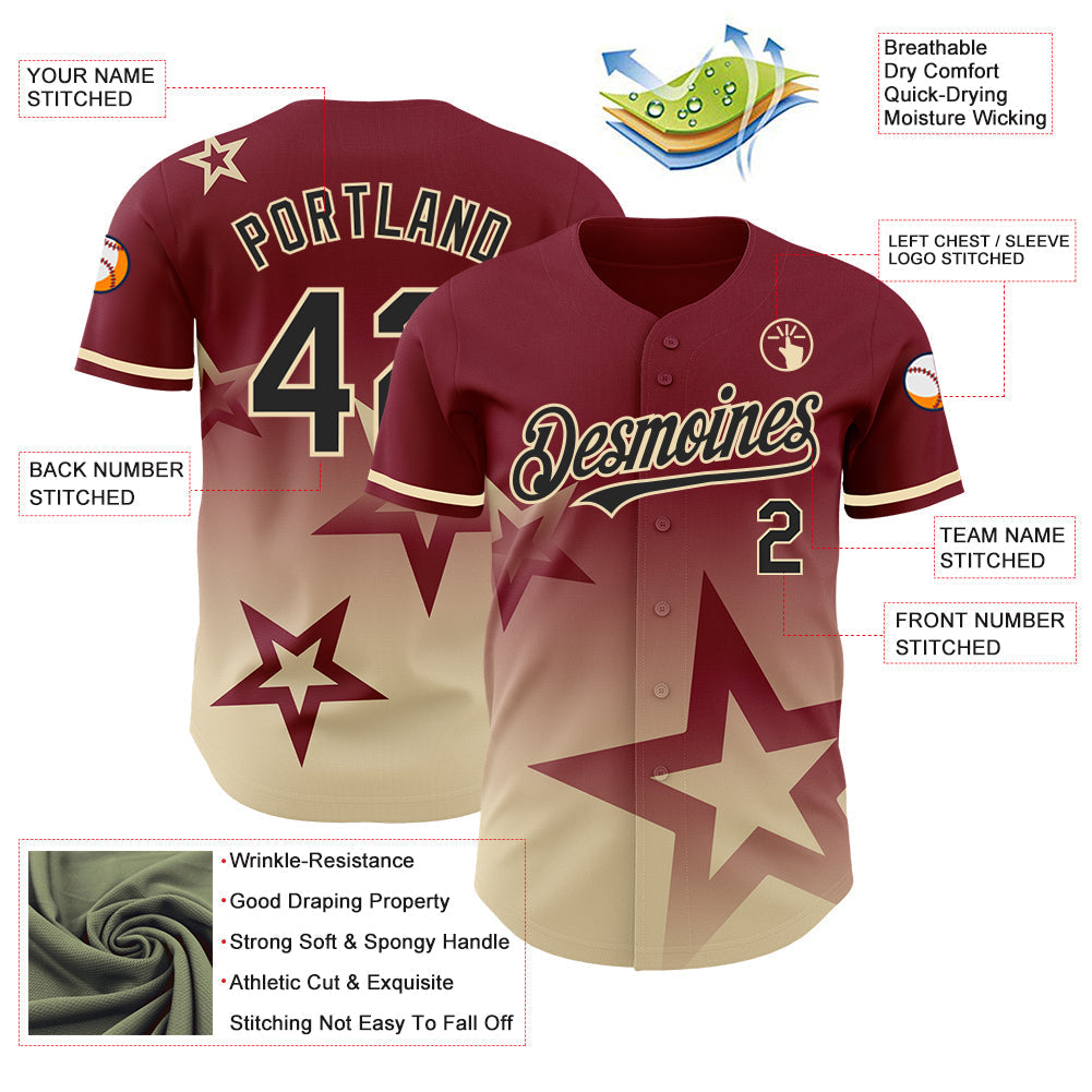 Custom Crimson Black-Cream 3D Pattern Design Gradient Style Twinkle Star Authentic Baseball Jersey baseball jersey product view 3