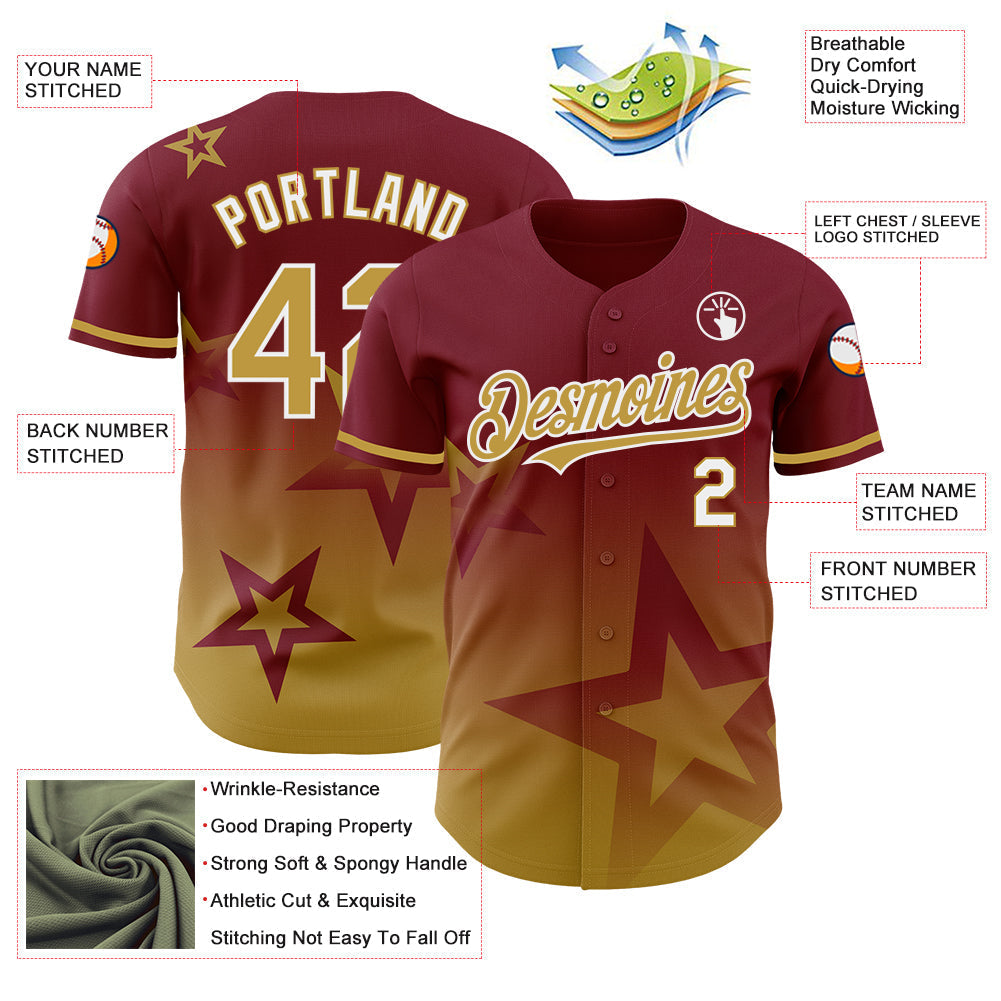 Custom Crimson Old Gold-White 3D Pattern Design Gradient Style Twinkle Star Authentic Baseball Jersey baseball jersey product view 3
