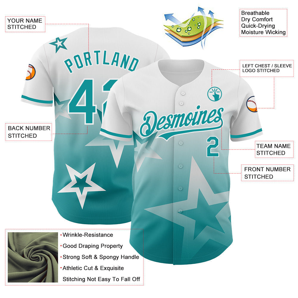 Custom White Teal 3D Pattern Design Gradient Style Twinkle Star Authentic Baseball Jersey baseball jersey product view 3