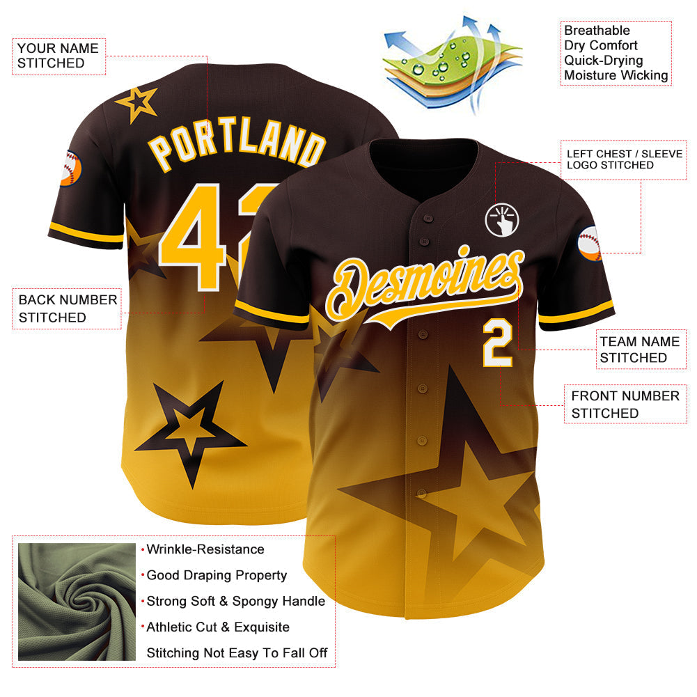 Custom Brown Gold-White 3D Pattern Design Gradient Style Twinkle Star Authentic Baseball Jersey baseball jersey product view 3
