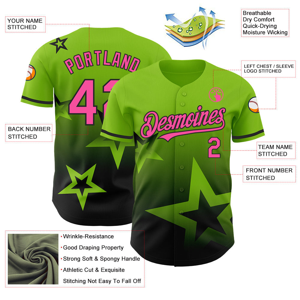Custom Neon Green Pink-Black 3D Pattern Design Gradient Style Twinkle Star Authentic Baseball Jersey baseball jersey product view 3