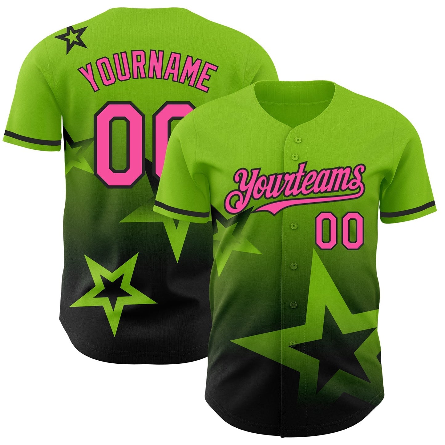 Custom Neon Green Pink-Black 3D Pattern Design Gradient Style Twinkle Star Authentic Baseball Jersey baseball jersey product view 1