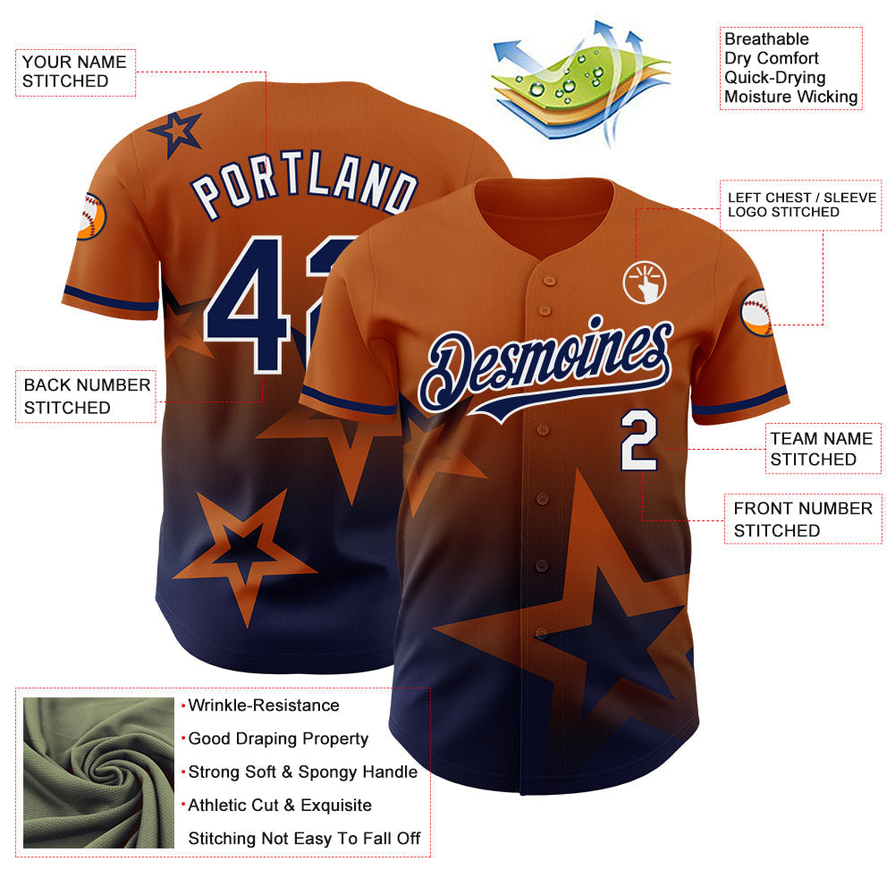 Custom Texas Orange Navy-White 3D Pattern Design Gradient Style Twinkle Star Authentic Baseball Jersey baseball jersey product view 3