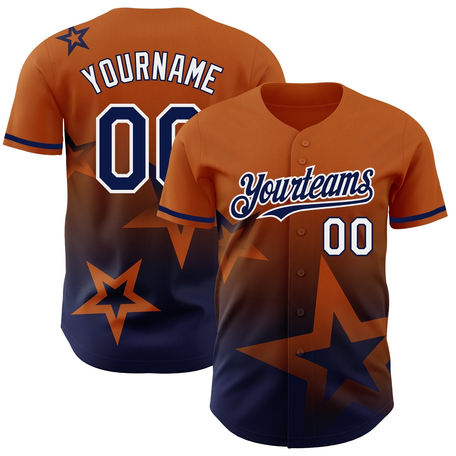 Custom Texas Orange Navy-White 3D Pattern Design Gradient Style Twinkle Star Authentic Baseball Jersey baseball jersey product view 1