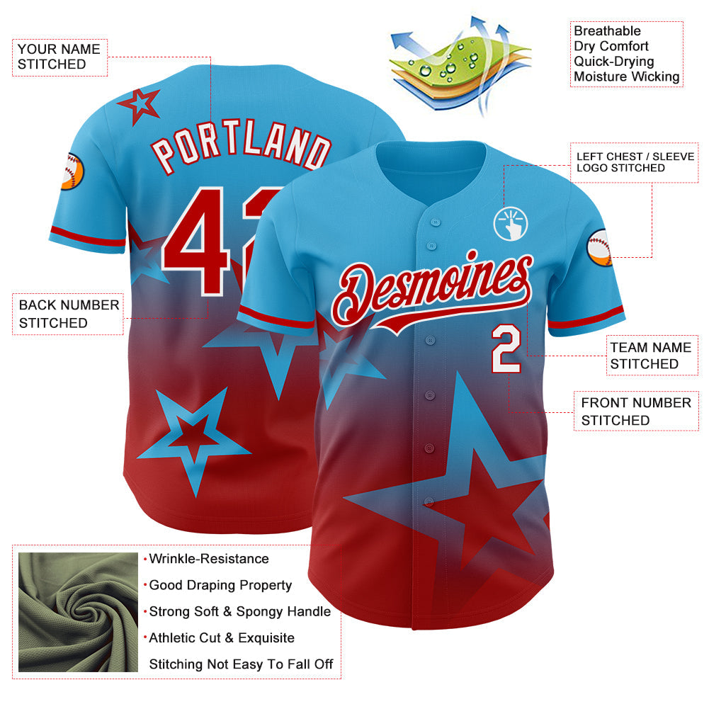 Custom Sky Blue Red-White 3D Pattern Design Gradient Style Twinkle Star Authentic Baseball Jersey baseball jersey product view 3