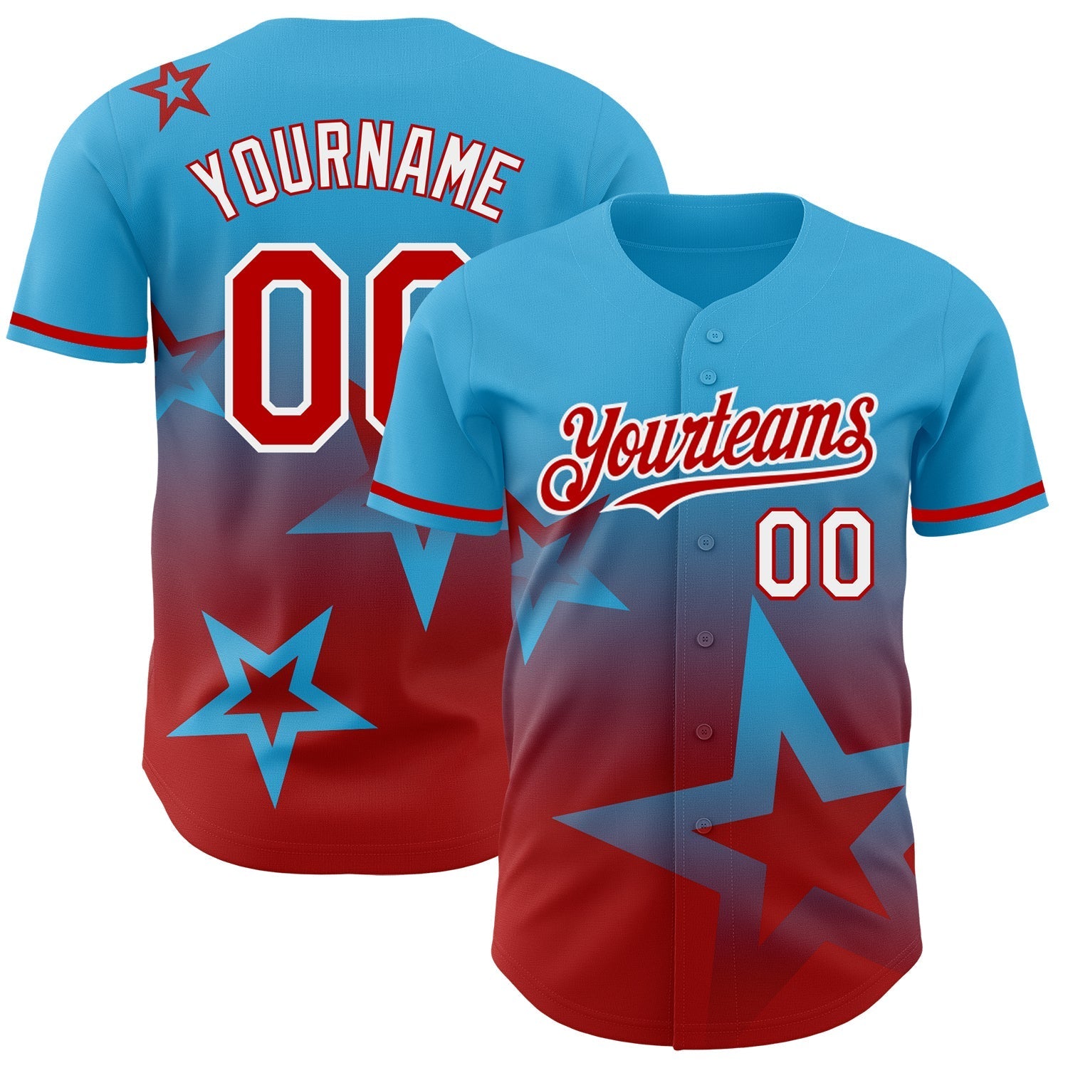 Custom Sky Blue Red-White 3D Pattern Design Gradient Style Twinkle Star Authentic Baseball Jersey baseball jersey product view 1