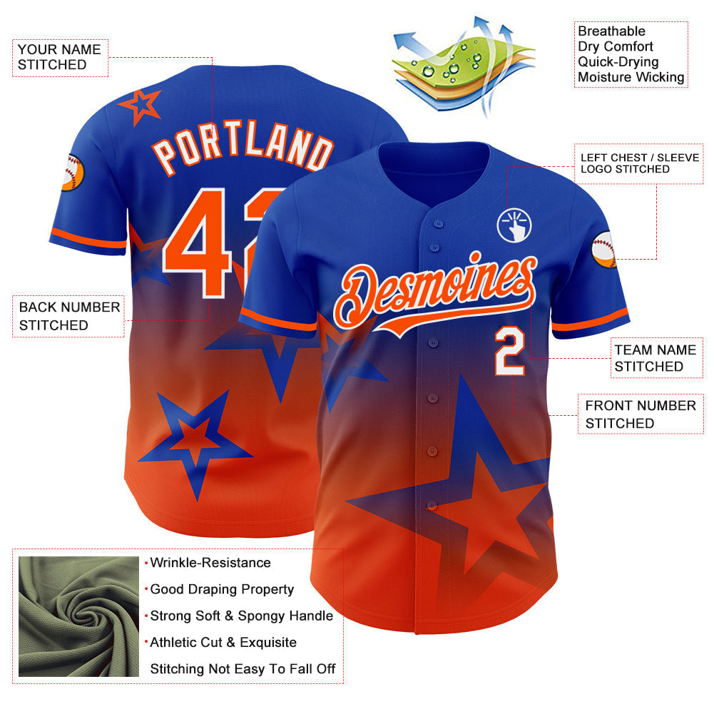 Custom Thunder Blue Orange-White 3D Pattern Design Gradient Style Twinkle Star Authentic Baseball Jersey baseball jersey product view 3