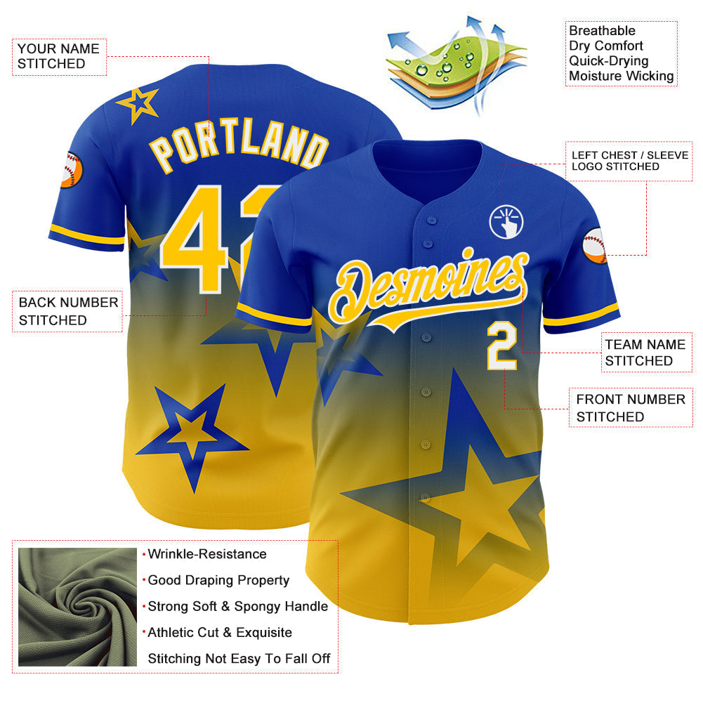 Custom Thunder Blue Yellow-White 3D Pattern Design Gradient Style Twinkle Star Authentic Baseball Jersey baseball jersey product view 3
