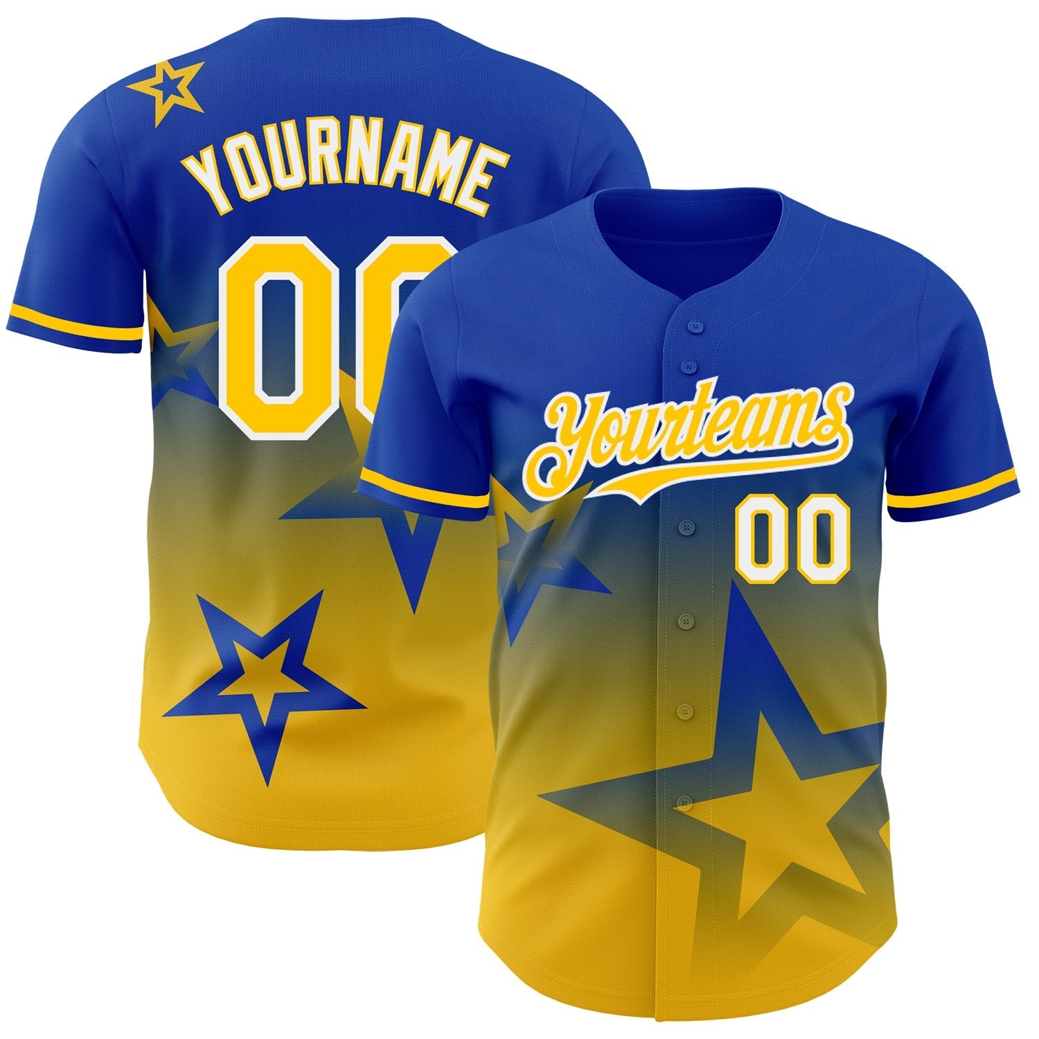 Custom Thunder Blue Yellow-White 3D Pattern Design Gradient Style Twinkle Star Authentic Baseball Jersey baseball jersey product view 1