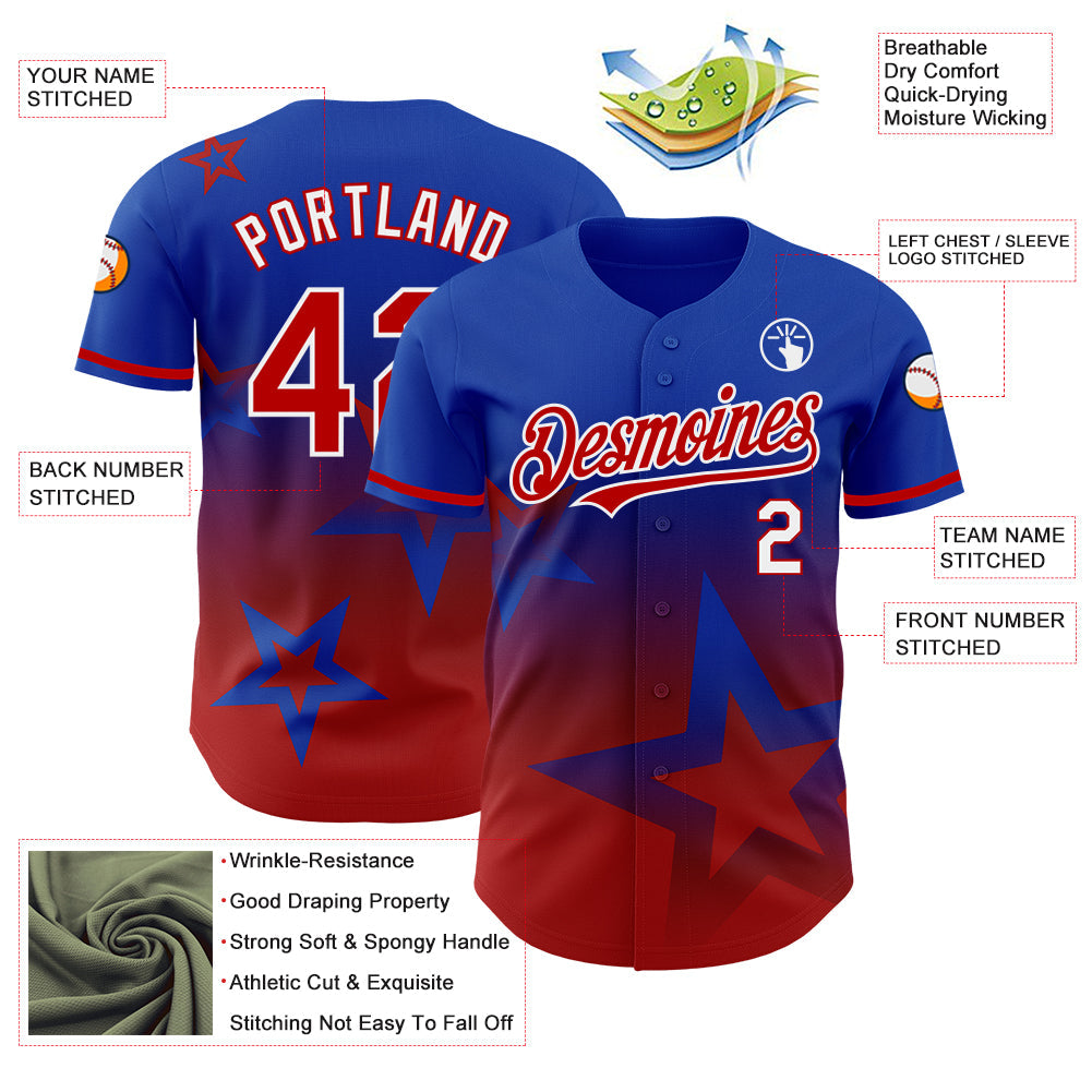 Custom Thunder Blue Red-White 3D Pattern Design Gradient Style Twinkle Star Authentic Baseball Jersey baseball jersey product view 3