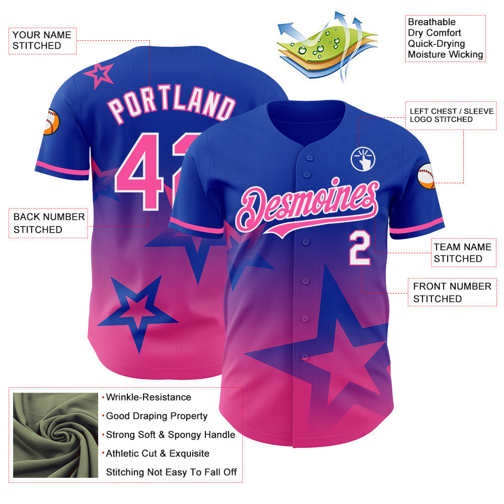 Custom Thunder Blue Pink-White 3D Pattern Design Gradient Style Twinkle Star Authentic Baseball Jersey baseball jersey product view 3