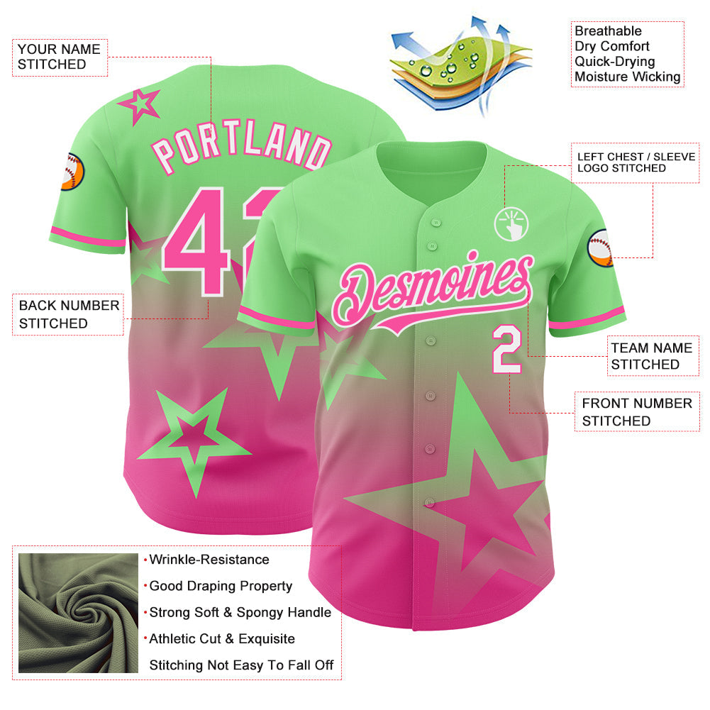 Custom Pea Green Pink-White 3D Pattern Design Gradient Style Twinkle Star Authentic Baseball Jersey baseball jersey product view 3