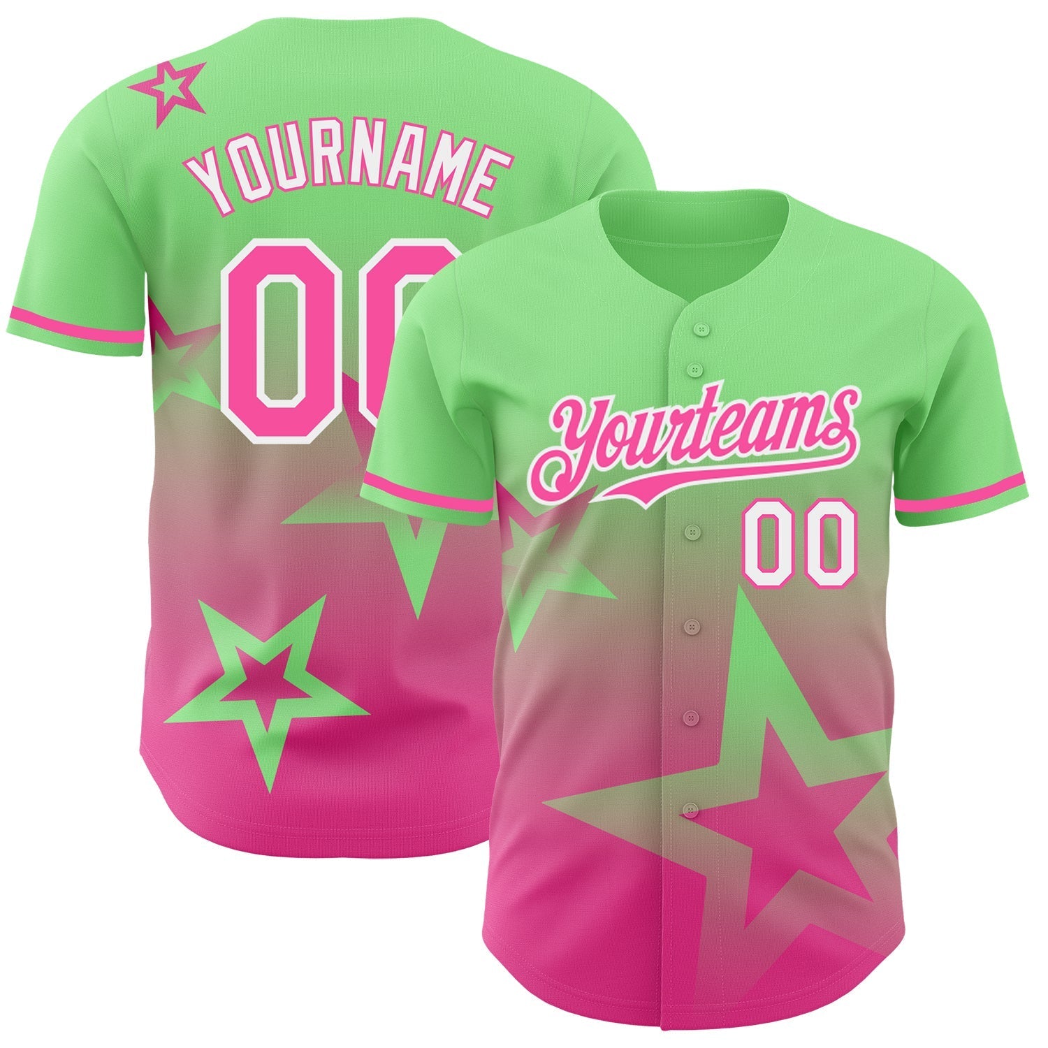 Custom Pea Green Pink-White 3D Pattern Design Gradient Style Twinkle Star Authentic Baseball Jersey baseball jersey product view 1