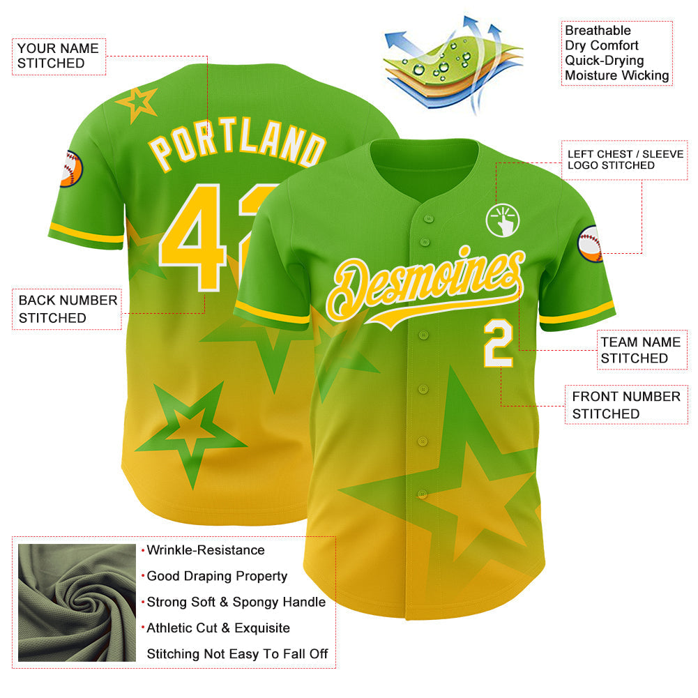 Custom Aurora Green Yellow-White 3D Pattern Design Gradient Style Twinkle Star Authentic Baseball Jersey baseball jersey product view 3