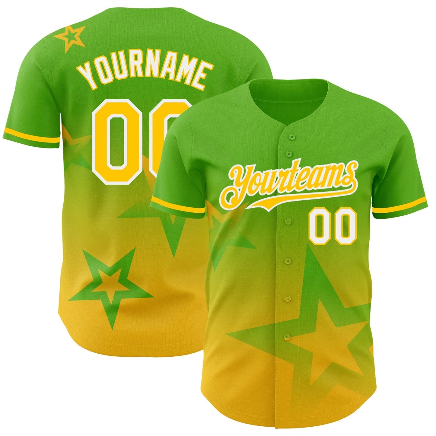 Custom Aurora Green Yellow-White 3D Pattern Design Gradient Style Twinkle Star Authentic Baseball Jersey baseball jersey product view 1