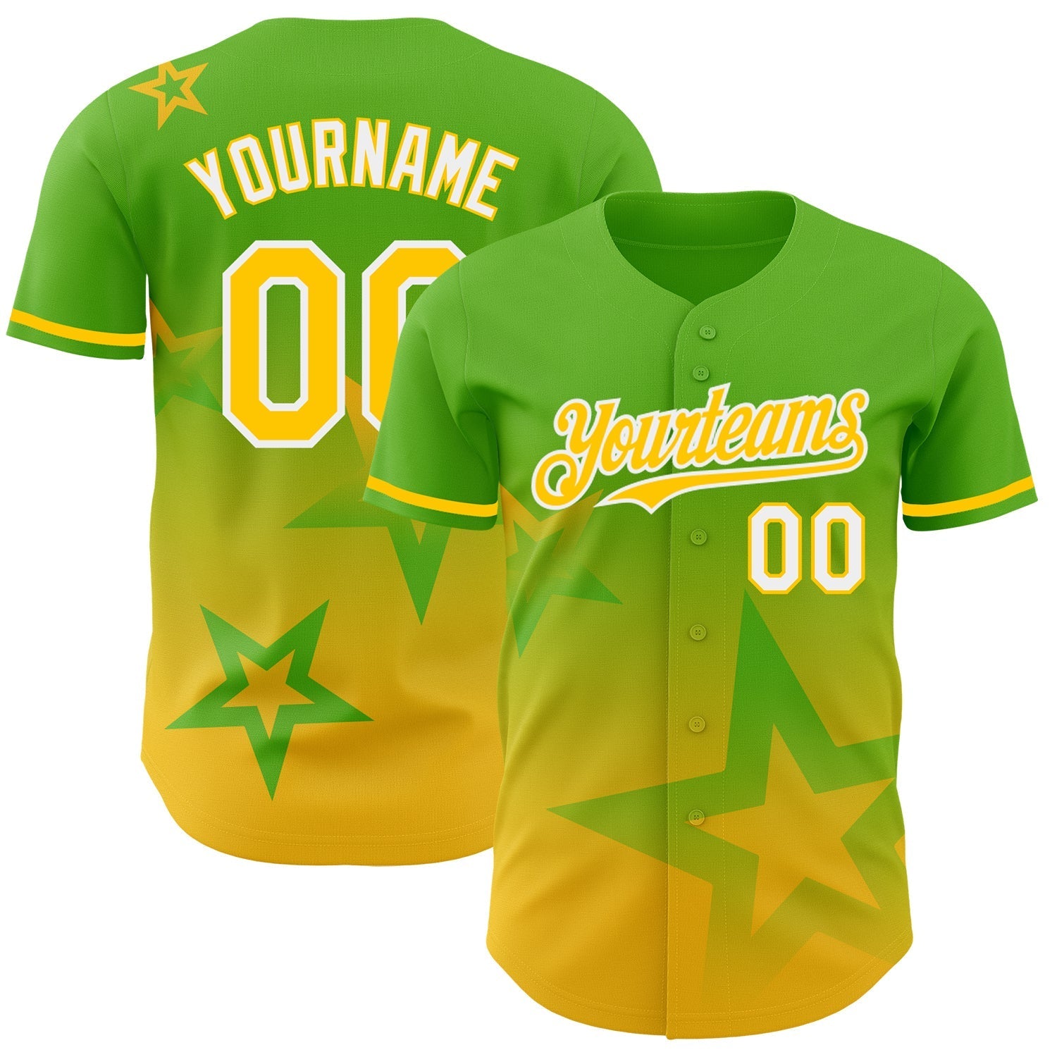 Custom Aurora Green Yellow-White 3D Pattern Design Gradient Style Twinkle Star Authentic Baseball Jersey baseball jersey product view 1