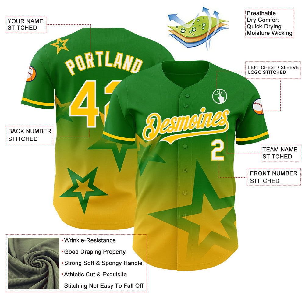 Custom Grass Green Yellow-White 3D Pattern Design Gradient Style Twinkle Star Authentic Baseball Jersey baseball jersey product view 3