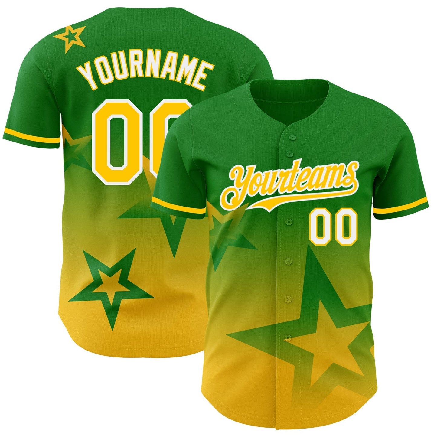 Custom Grass Green Yellow-White 3D Pattern Design Gradient Style Twinkle Star Authentic Baseball Jersey baseball jersey product view 1