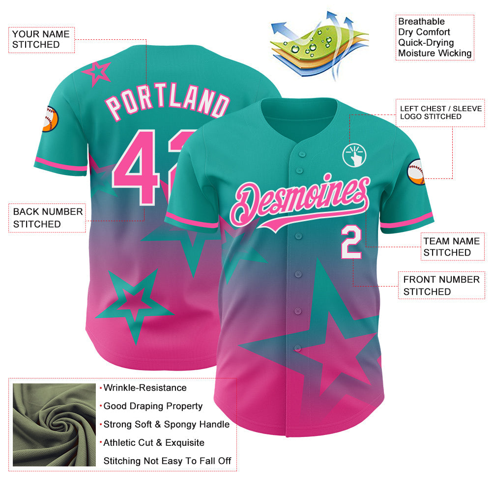 Custom Aqua Pink-White 3D Pattern Design Gradient Style Twinkle Star Authentic Baseball Jersey baseball jersey product view 3