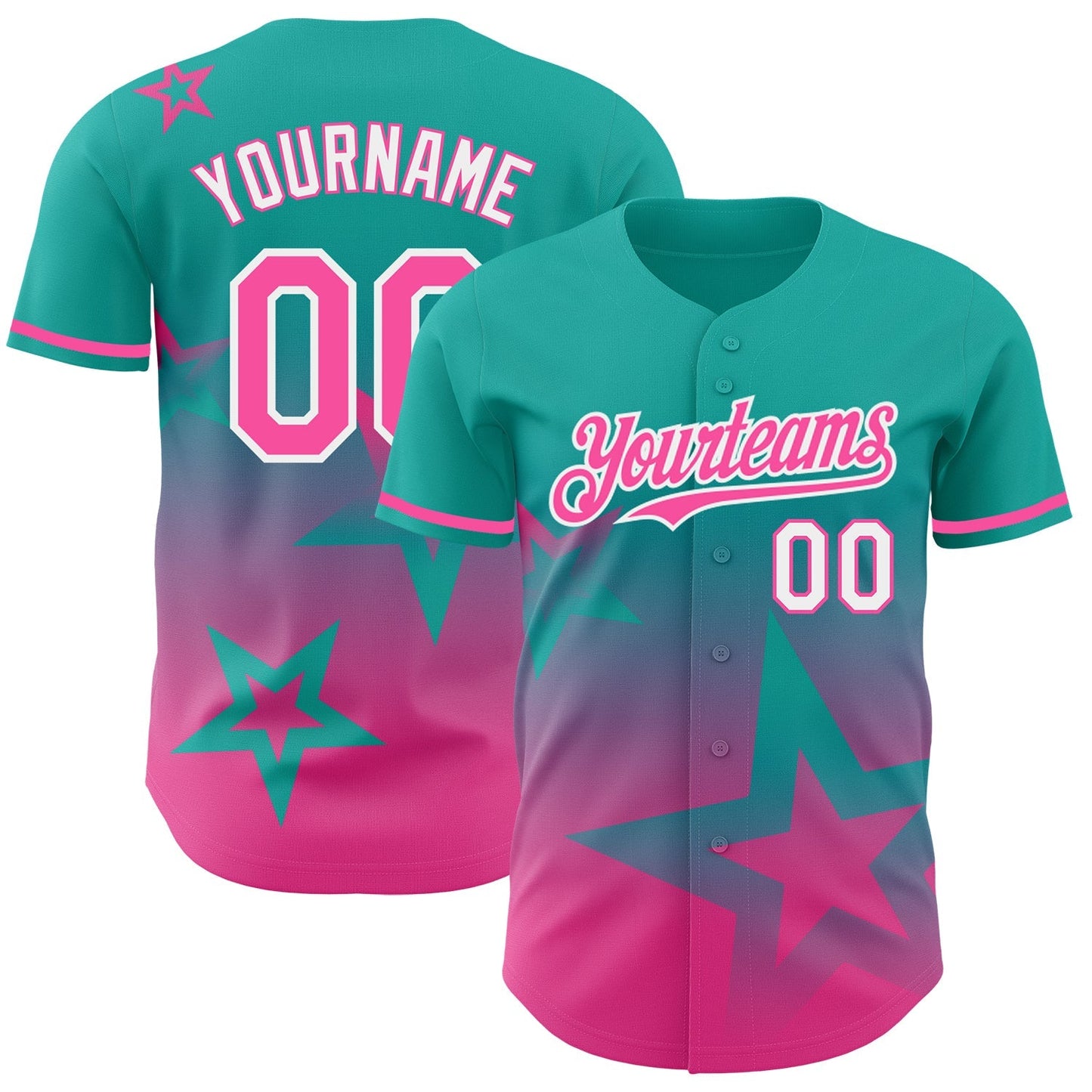 Custom Aqua Pink-White 3D Pattern Design Gradient Style Twinkle Star Authentic Baseball Jersey baseball jersey product view 1