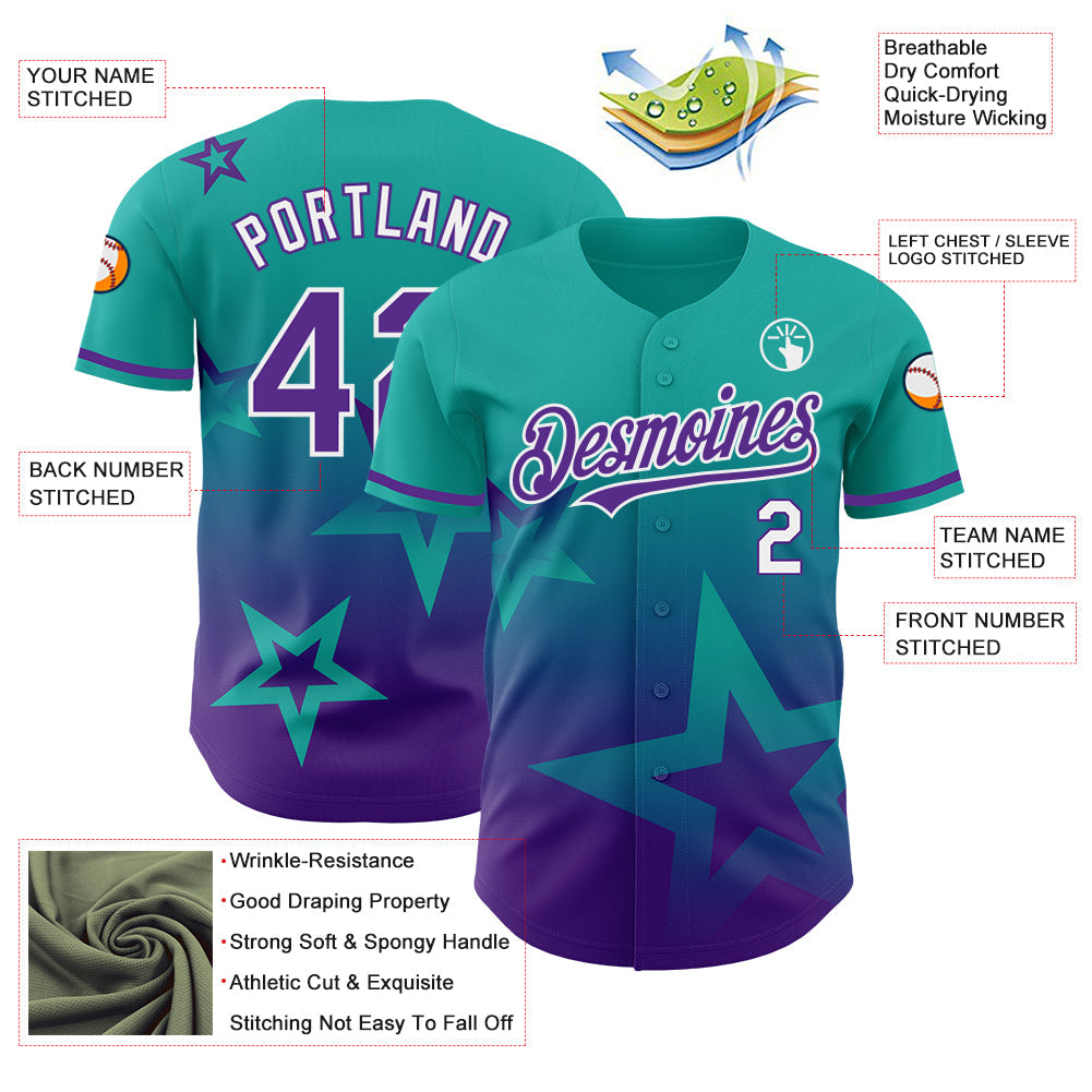 Custom Aqua Purple-White 3D Pattern Design Gradient Style Twinkle Star Authentic Baseball Jersey baseball jersey product view 3