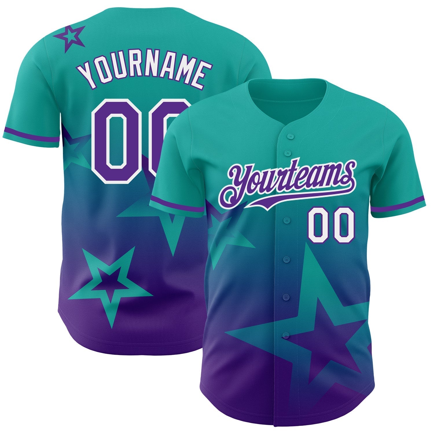Custom Aqua Purple-White 3D Pattern Design Gradient Style Twinkle Star Authentic Baseball Jersey baseball jersey product view 1