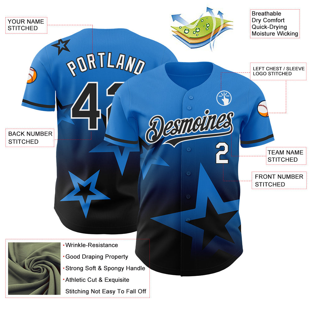 Custom Electric Blue Black-White 3D Pattern Design Gradient Style Twinkle Star Authentic Baseball Jersey baseball jersey product view 3